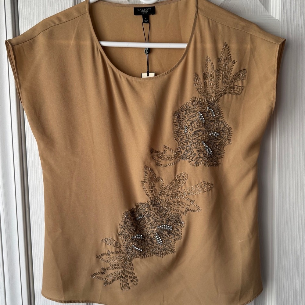 Talbots Women's Petite XS Sleeveless Beaded Blouse Tan